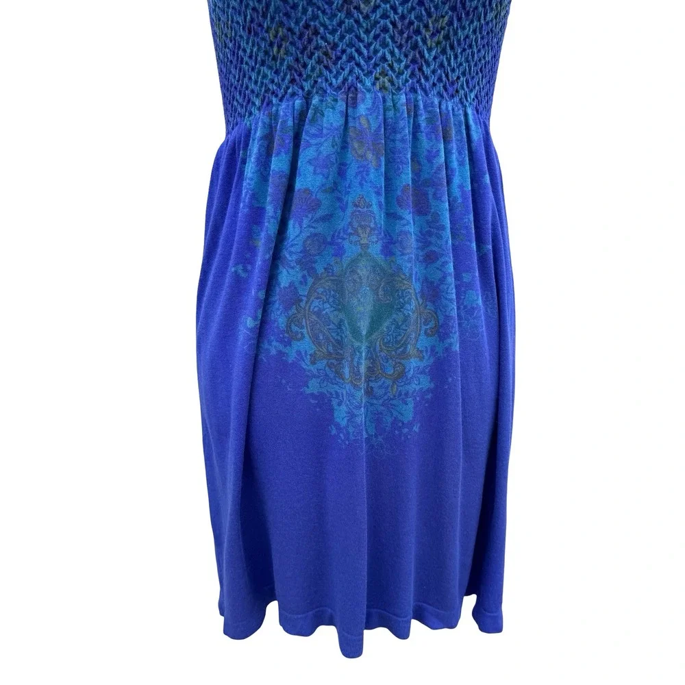 M Rena Blue Floral Damask Smocked Bodice Cami Mini Dress Indie Boho Festival S/M